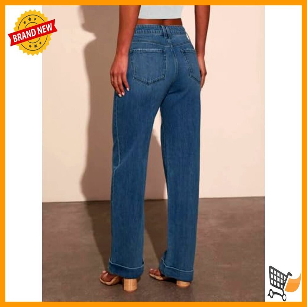 Wide Leg High Waist Stretchy Denim Jeans Straight Leg Baggy Fit - Picture 4 of 4